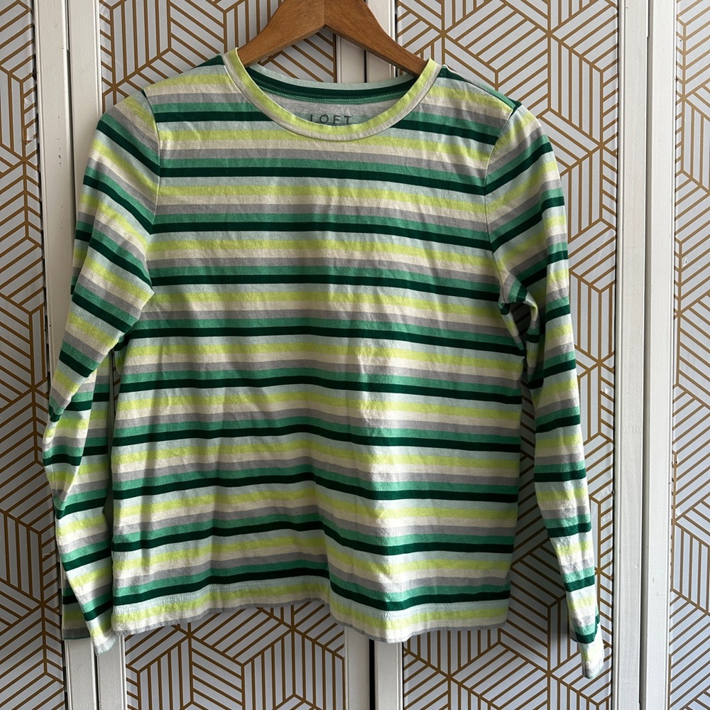 Loft stripe long sleeve t-shirt.  Size L, green, gray, and white.